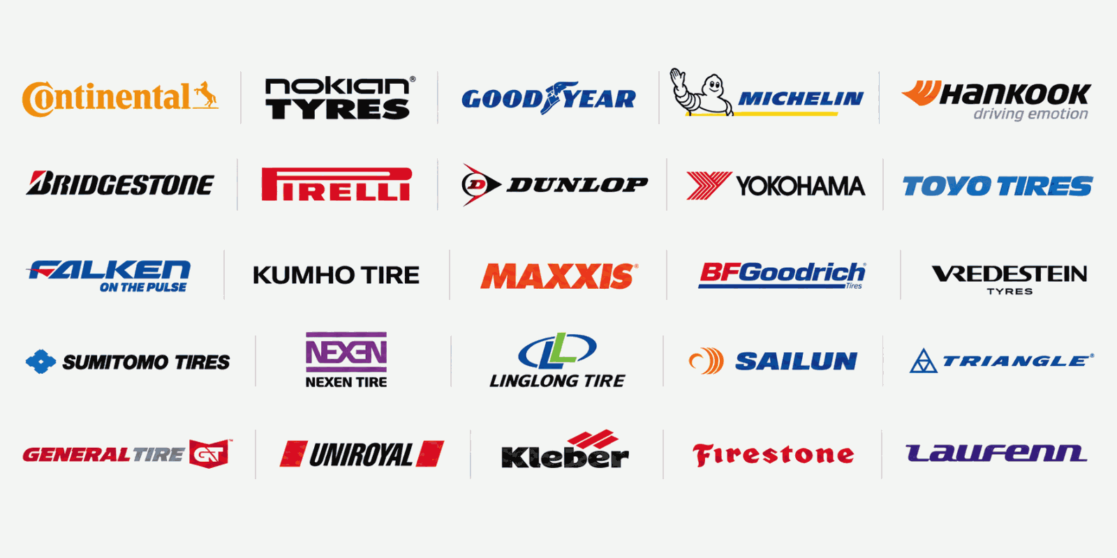 Däckmärken vi säljer: Continental, Nokian Tyres, Goodyear, Michelin, Hankook, Bridgestone, Pirelli, Dunlop, Yokohama, Toyo Tires, Falken, Kumho, Maxxis, BFGoodrich, Vredestein, Sumitomo, Nexen, Linglong, Sailun, Triangle, General Tire, Uniroyal, Kleber, Firestone och Laufenn